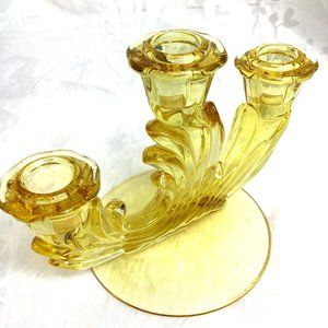 * Fostoria Yellow Baroque Triple Lite Candle Holder Vtg